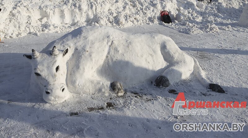 Символ года вылепили из снега и раскрасили в Орше. Фото Анастасии Турок / orshanka.by