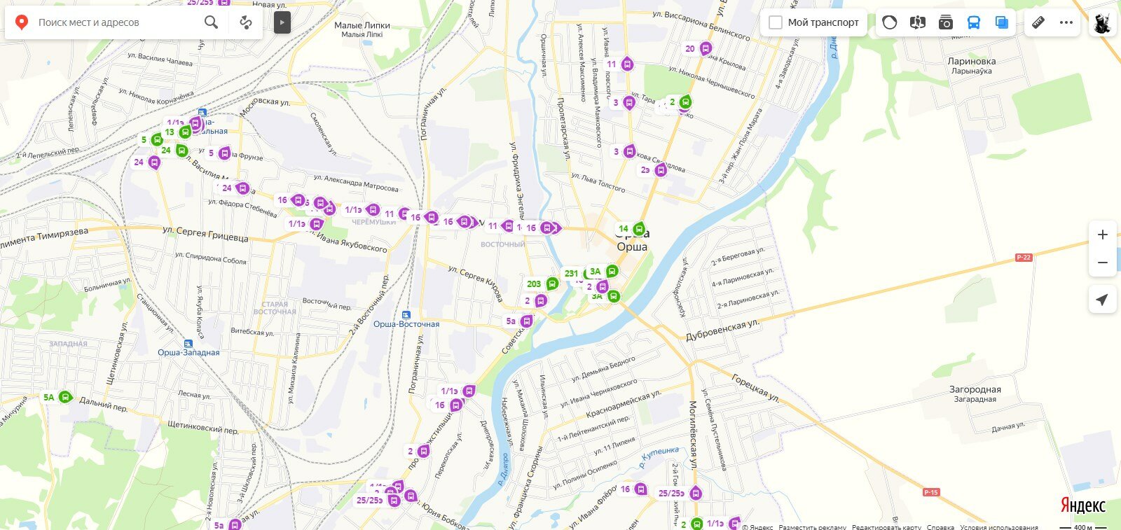 Общественный транспорт Орши на картах яндекса
